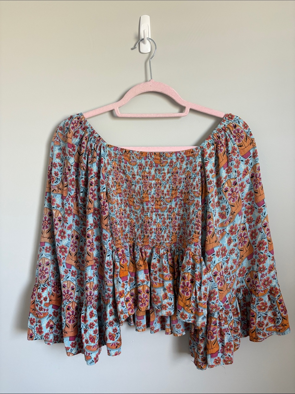 Cowgirl Boho Floral Boots Off-Shoulder Top in Light Blue and Rust Western M